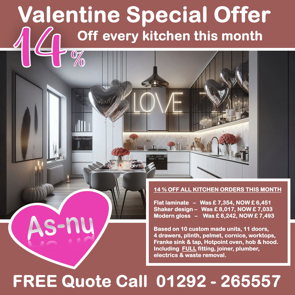 Valentine Special Offer - 14 % Off Every Fitted Kitchen - Call 01292 265557, and book your FREE estimate. #Valentine #ValentinesDay #Valentines #feelthelove #ayr #ayrshire #prestwick #Troon #kilmarnock #largs #girvan #maybole #mauchline #monkton #irvine #loans #hurlford #galston