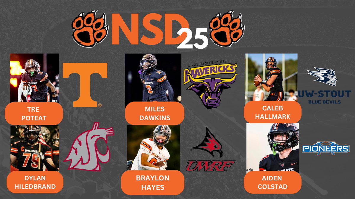 Verona Area Wildcat Football (@veronawildcatfb) on Twitter photo #NSD25 another pack of Cats headed to the next level
<a href="/PoteatTre/">𝓣𝓻𝓮 𝓟𝓸𝓽𝓮𝓪𝓽</a> ➡️ <a href="/Vol_Football/">Tennessee Football</a>
<a href="/DylanHilde07/">Dylan Hildebrand</a> ➡️<a href="/WSUCougarFB/">Washington State Football</a>
<a href="/milesdawkins_/">Miles Dawkins</a> ➡️<a href="/MinnStFootball/">Minnesota State Football</a>
<a href="/BraylonHayes_/">Braylon Hayes</a> ➡️<a href="/UWRFFootball/">Falcon Football</a>
<a href="/hallmark_caleb/">Caleb Hallmark</a> ➡️<a href="/UWStoutFootball/">UW-Stout Football</a>
<a href="/Colstada_0/">A1den-C</a> ➡️<a href="/uwplatteville/">UW-Platteville</a> #NSD25 another pack of Cats headed to the next level
<a href="/PoteatTre/">𝓣𝓻𝓮 𝓟𝓸𝓽𝓮𝓪𝓽</a> ➡️ <a href="/Vol_Football/">Tennessee Football</a>
<a href="/DylanHilde07/">Dylan Hildebrand</a> ➡️<a href="/WSUCougarFB/">Washington State Football</a>
<a href="/milesdawkins_/">Miles Dawkins</a> ➡️<a href="/MinnStFootball/">Minnesota State Football</a>
<a href="/BraylonHayes_/">Braylon Hayes</a> ➡️<a href="/UWRFFootball/">Falcon Football</a>
<a href="/hallmark_caleb/">Caleb Hallmark</a> ➡️<a href="/UWStoutFootball/">UW-Stout Football</a>
<a href="/Colstada_0/">A1den-C</a> ➡️<a href="/uwplatteville/">UW-Platteville</a>
