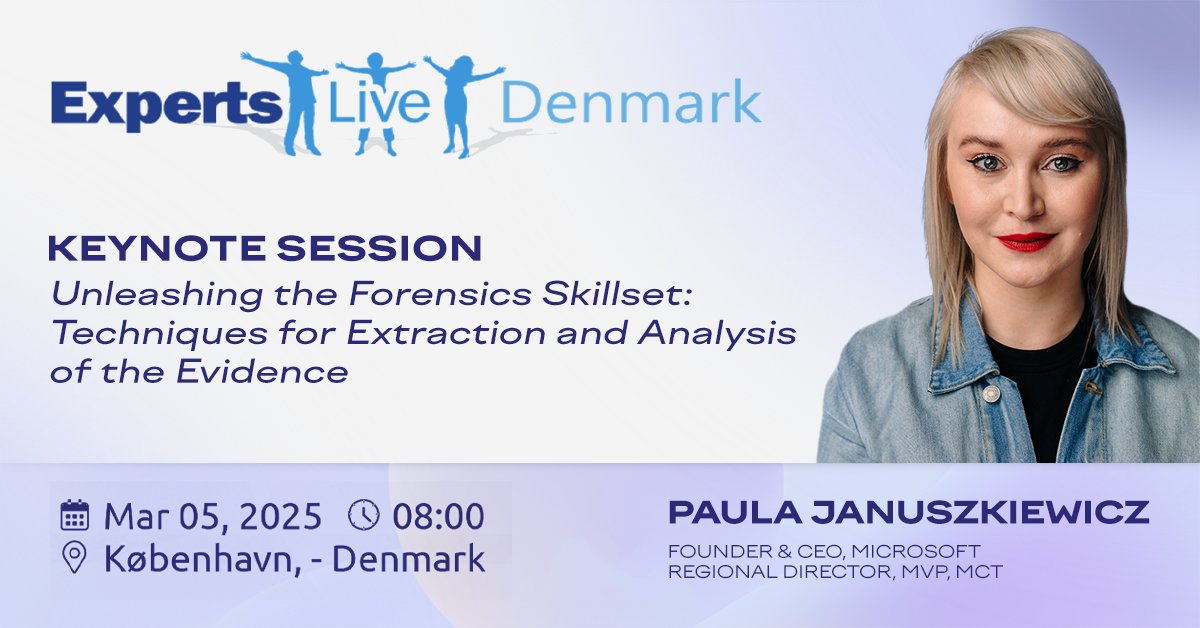 CQUREAcademy's tweet photo. Let’s meet at @ExpertsLiveDK 2025 on March 5th! 👀
@PaulaCqure will hold a keynote session, “Unleashing the Forensics Skillset: Techniques for Extraction and Analysis of the Evidence”.

Sign up now 👉 https://t.co/ORE5nKxQJA

#ELDK2025 #ExpertsLiveDK #MicrosoftSecurity https://t.co/8AnrnuOqa2