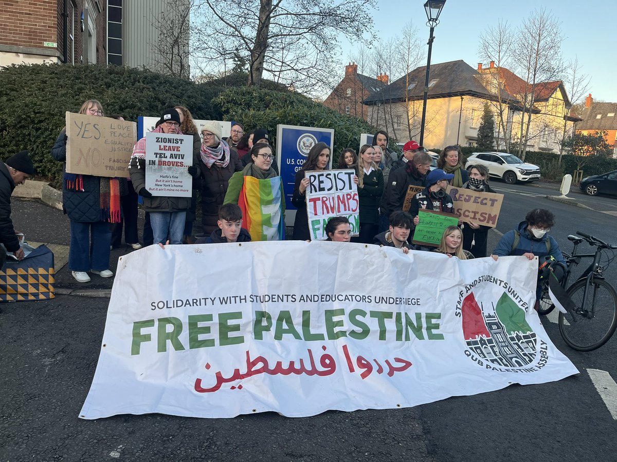 AmandaFBelfast's tweet photo. Anti-Trump protest outside the US consulate in Belfast https://t.co/N5yZt87Ltm