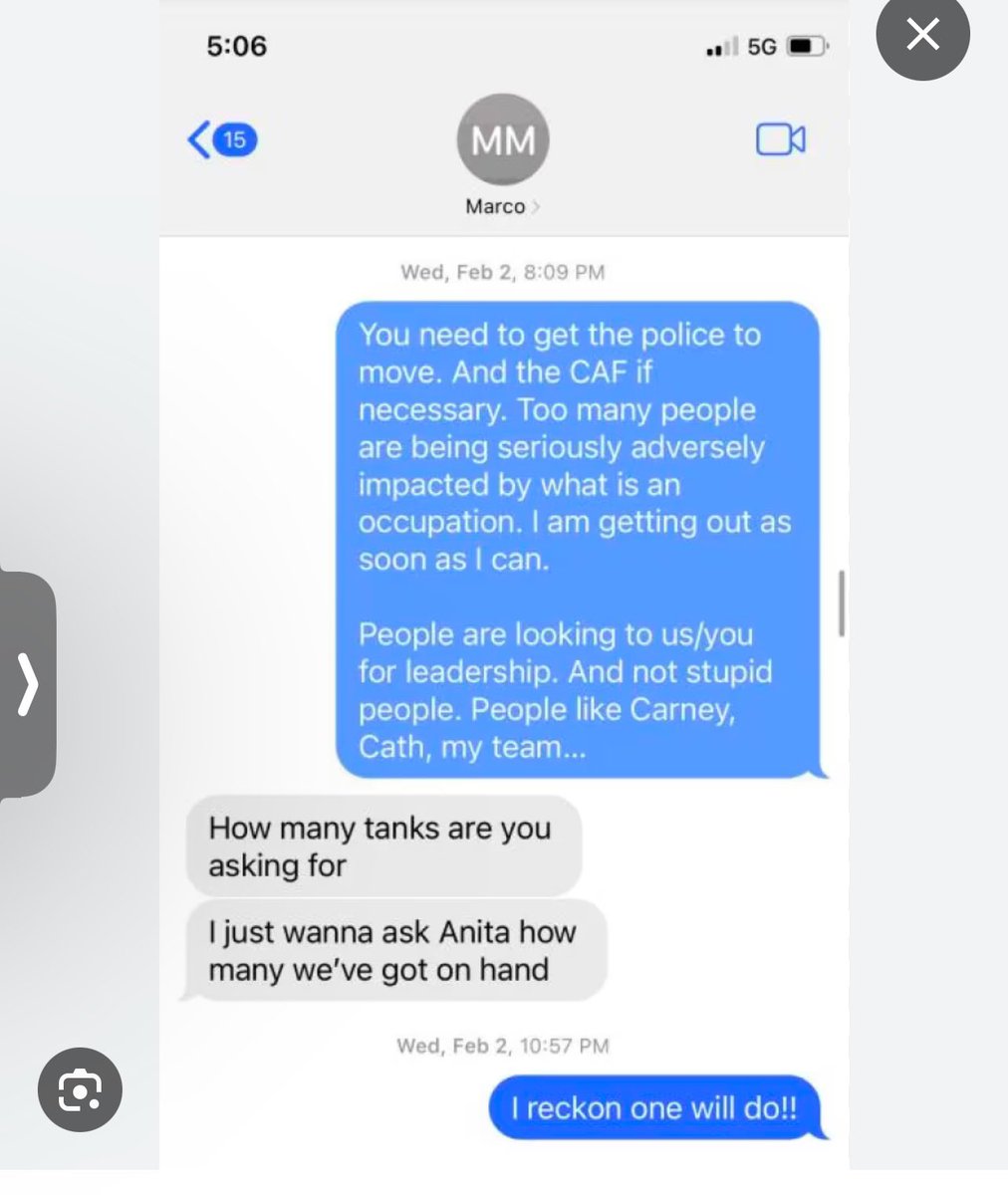 LichTamara's tweet photo. Here’s a text exchange between the Minister of Public Safety, Marco Mendicino and the former Attorney General of Canada, David Lametti, discussing engaging in dialogue with regular Canadians to hear their concerns and carve a healthy and democratic path forward.

Just kidding.

They are talking about using tanks to deal with the peaceful, blue collar, everyday Canadians they despise. 

Oh! And another reference to ‘outsider’ Mark Carney who wanted protestors charged with sedition.