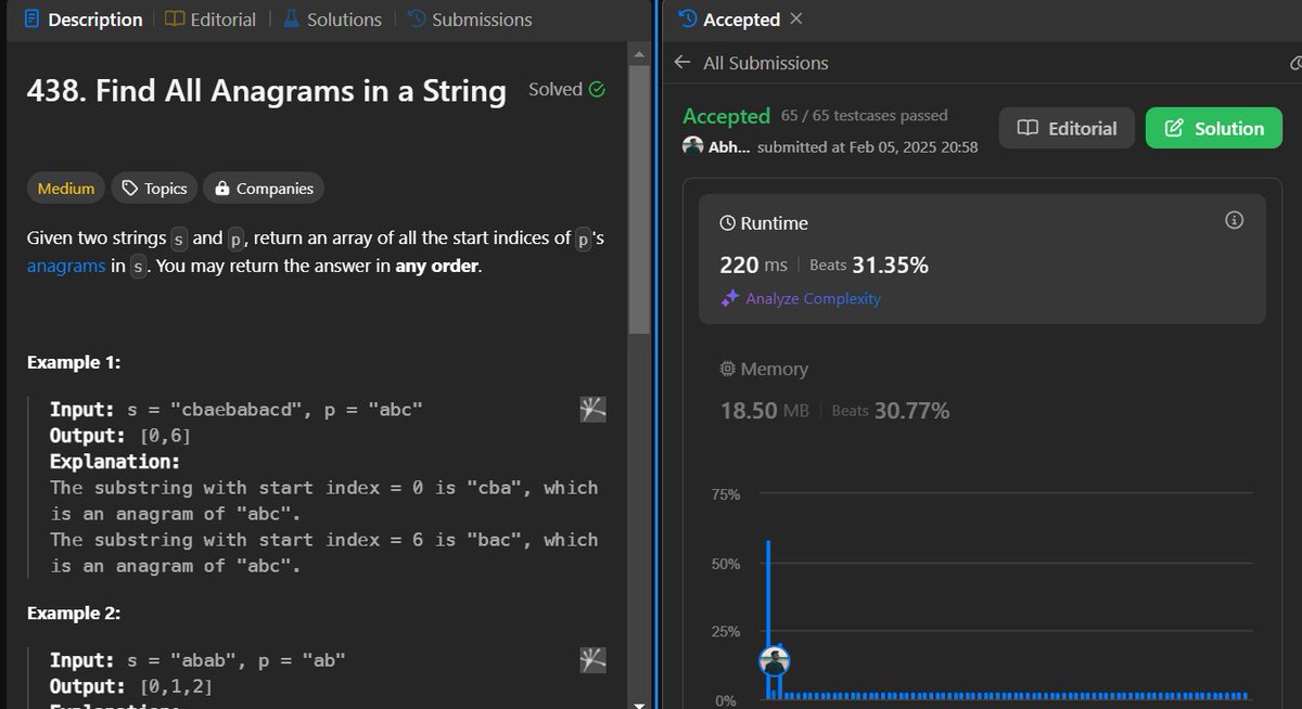 Abhinav_Nair13's tweet image. Day 102/200 of #LeetCodeChallenge!. Solved - 438. Find All Anagrams in a String