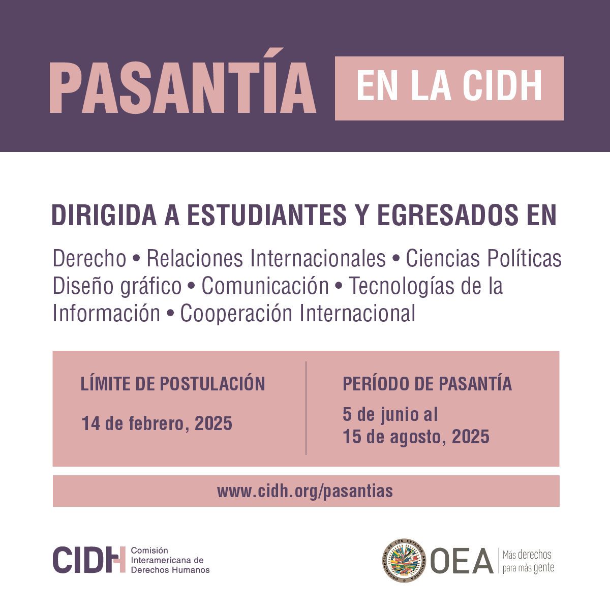 CIDH's tweet photo. Las pasantías de #CIDH son una oportunidad de desarrollo profesional y acercamiento al Sistema Interamericano para personas estudiantes y egresadas que tengan interés en #DerechosHumanos. 

Conoce el programa y aplica hasta el 14 de febrero 👉🔗 https://t.co/364pJV3BM5 https://t.co/RdeUFn7nWP
