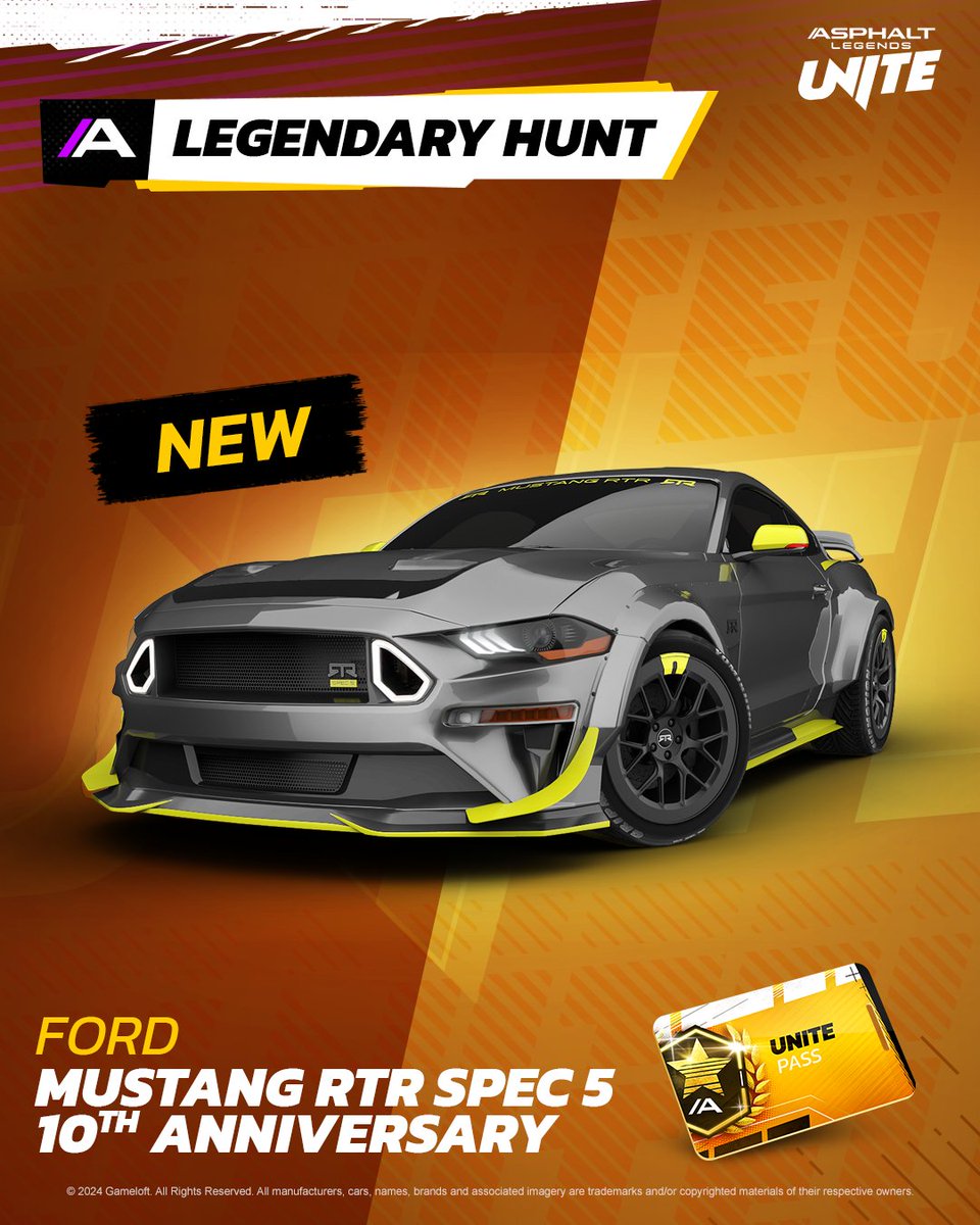 asphalt's tweet photo. Get the party started with the season's Legendary Hunt for the Ford Mustang RTR Spec 5 10th Anniversary! Available to Unite Pass holders starting today.

#AsphaltLegendsUnite #ALU https://t.co/eW29UfnIks