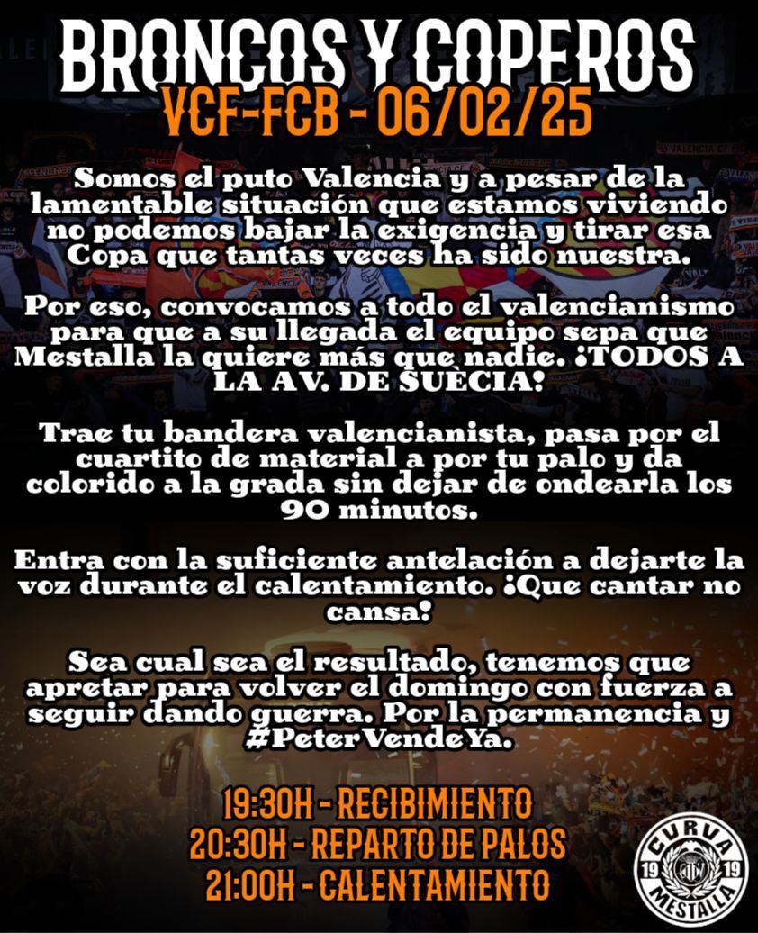 📢 Mañana todos a llenar de colorido valencianista la Av. De Suècia a la llegada del equipo. Luego pondremos el color a la grada y apretaremos desde el calentamiento.
#SéLaCurva 
#BroncoYCopero 
#PeterVendeYa