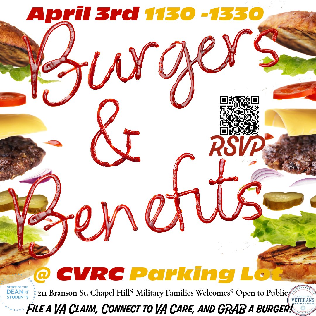 UNC_MVSS's tweet image. On a dreary day, who wouldn’t crave a burger? Get ready for the CVRC Burgers and Benefits Fair on April 3rd! Mark your calendar! File a disability claim, learn about VA education benefits, and grab a burger!
#CVRC #VABenefits #studentvets