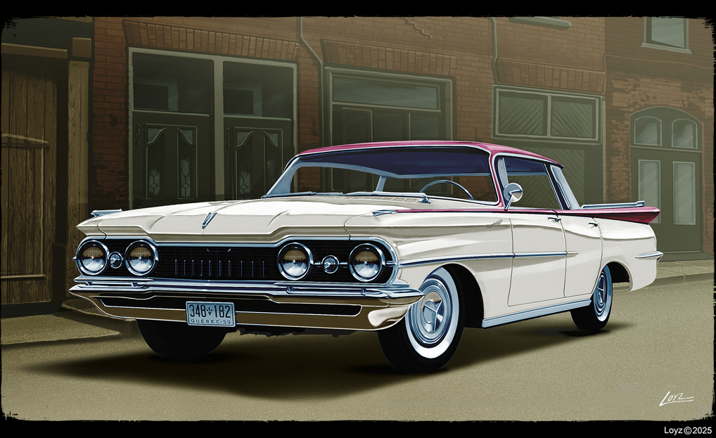 LoiselleCa88553's tweet image. An Oldsmobile Dynamic 88 1959 that I did for a commission job , with the original pencil sketch, research, location, family pictures, and color palette—inspired by old-school Detroit art.

#Oldsmobile #Dynamic88 #ClassicCars #DetroitArt #CarIllustration #PencilSketch  #AutoArt