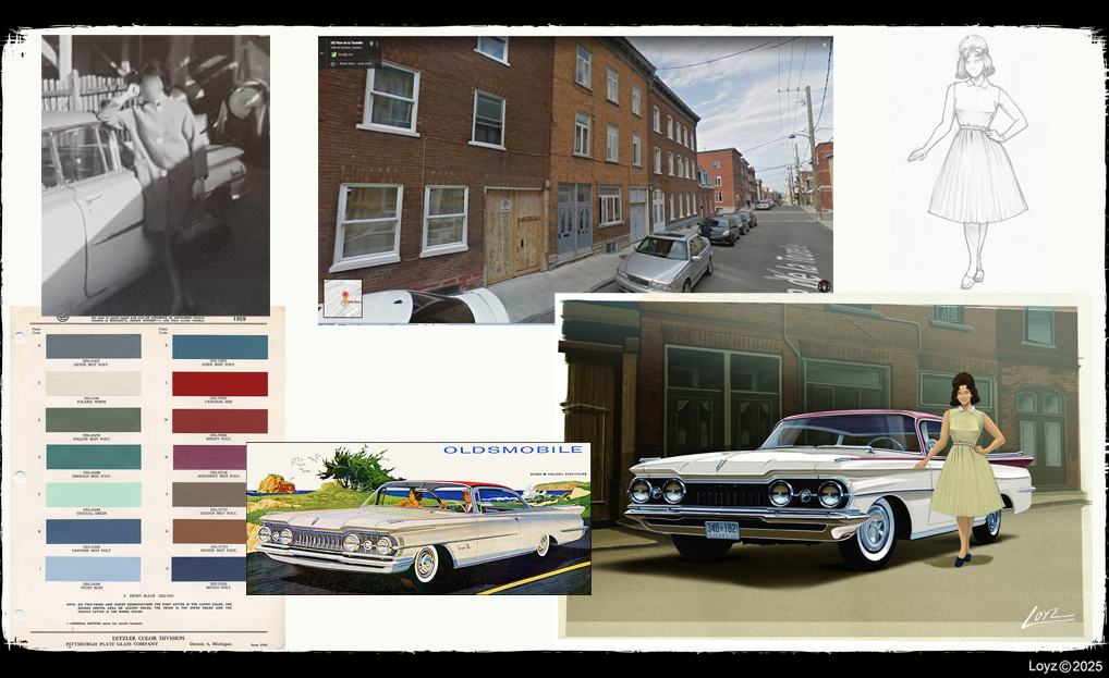 LoiselleCa88553's tweet image. An Oldsmobile Dynamic 88 1959 that I did for a commission job , with the original pencil sketch, research, location, family pictures, and color palette—inspired by old-school Detroit art.

#Oldsmobile #Dynamic88 #ClassicCars #DetroitArt #CarIllustration #PencilSketch  #AutoArt