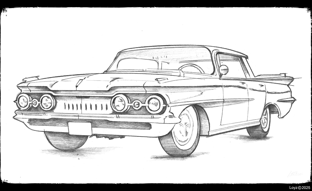 LoiselleCa88553's tweet image. An Oldsmobile Dynamic 88 1959 that I did for a commission job , with the original pencil sketch, research, location, family pictures, and color palette—inspired by old-school Detroit art.

#Oldsmobile #Dynamic88 #ClassicCars #DetroitArt #CarIllustration #PencilSketch  #AutoArt