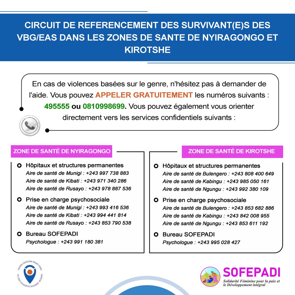 🚨 En cette période de crise sécuritaire, n'hésitez pas à demander de l'aide en cas de violences basées sur le genre.
Appelez gratuitement les numéros suivants : 4͟9͟5͟5͟5͟5͟ o͟u͟ 0͟8͟1͟0͟9͟9͟8͟6͟9͟9͟.
Vous pouvez également vous orienter directement vers des 𝐬𝐞𝐫𝐯𝐢𝐜𝐞𝐬
