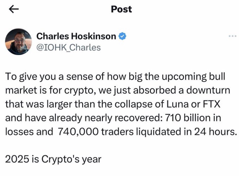 healthy_pockets's tweet photo. 🔥INCREÍBLE🔥

CHARLES HOSKINSON bullish en 2025: “Para hacerte una idea de cuán grande es el próximo BULL RUN #Crypto, acabamos de absorber una caída más grande que el colapso de Luna o FTX y ya casi nos hemos recuperado: 710 Billions en pérdidas y 740.000 traders liquidados en 24h 📉

2025 es el año de las criptomonedas” 👀🔥

@IOHK_Charles