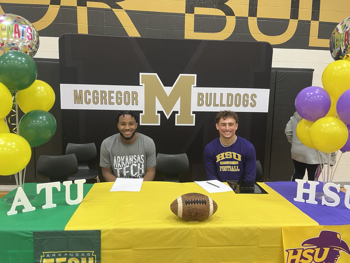 parker_rehm's tweet photo. Next stop is at McGregor where 2 @McGregorFootba1 signees will continue their 🏈 careers in college!

Bucky Brown - @ATUFootball 
@2025STorres - @HSUCowboys https://t.co/1a0AFsIRZz
