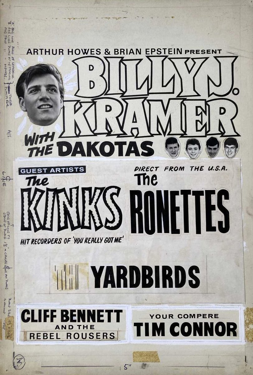 Check out this original printers proof draft for a poster advertising a 1964 UK show featuring The Ronettes, Billy J. Kramer, The Kinks, The Yardbirds and more!