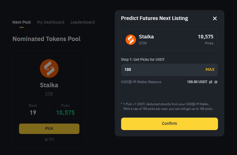 Today, I'm voting for <a href="/staika_official/">Staika Official</a> on Binance Futures! Because I'll receive 10% of my invested amount as a $STIK token airdrop.

Staika is building a blockchain ecosystem that integrates gaming, lifestyle, and finance. Now, you can help STIK get listed on Binance Futures
