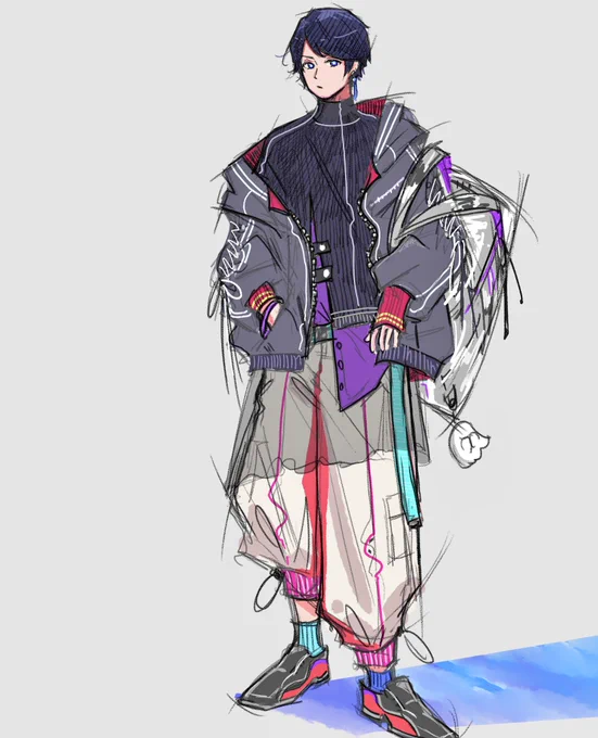 完全に自分の好みだけど、ゴッチャゴチャの色とか変形服とかをゴチャゴチャに着たコージさんを見てみたいという願望。 夜中だから何描いても許されると思ってる。
