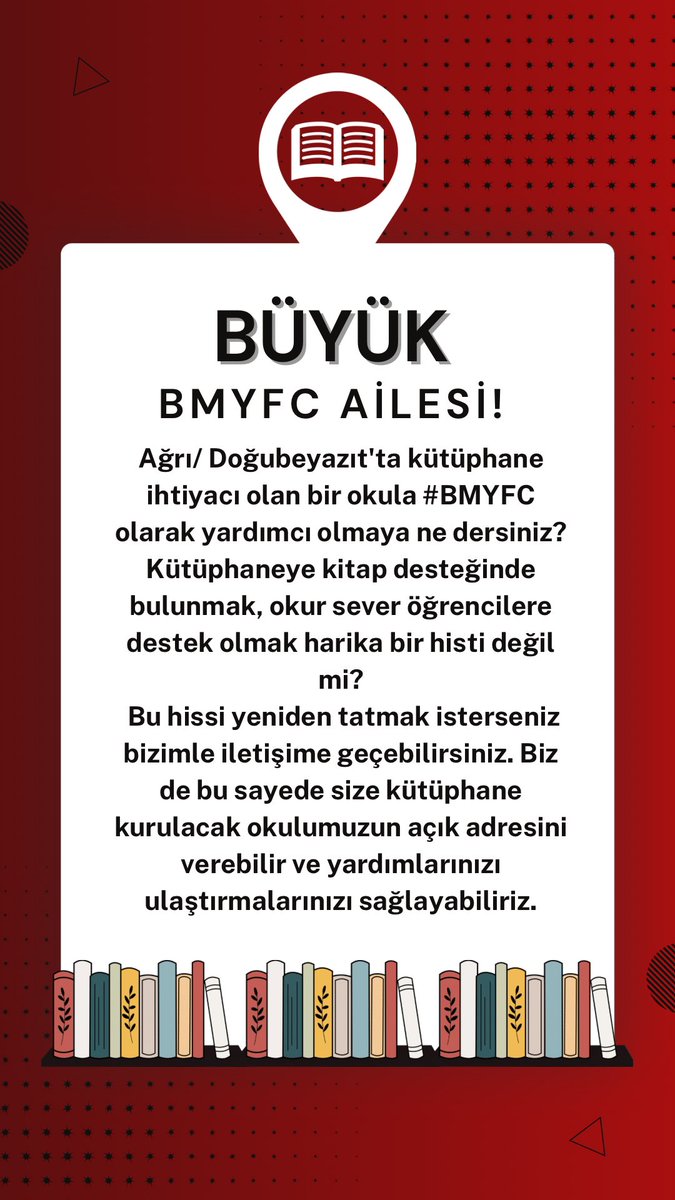 BÜYÜK BMYFC AİLESİ! 📢
Ağrı/ Doğubeyazıt'taki okur sever öğrencilere kitap desteğinde bulunmak isterseniz bizimle iletişime geçebilirsiniz. ✨
#BarışMuratYağcı • #Bmyfc