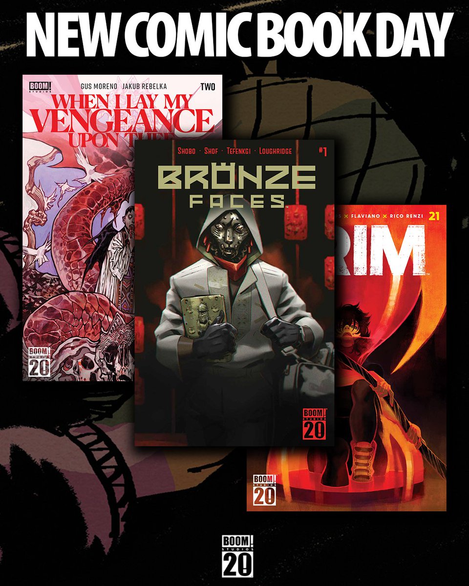 Celebrate the newest gems at your local comic shop! Swing by today to nab your own copy of these exciting, new releases:

BRONZE FACES #1
WHEN I LAY MY VENGEANCE UPON THEE #2
GRIM #21

boomstud.io/FindAShop