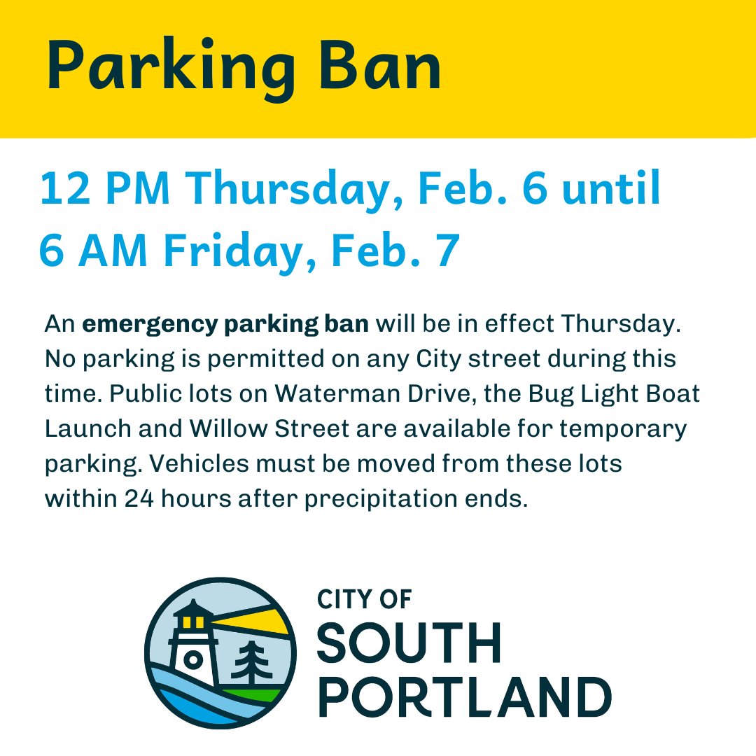 Emergency parking ban: No parking is permitted on any City street from 12 PM Thurs. 2/6 until 6 AM Fri. 2/7. Any vehicle parked on a City street during this time is subject to ticketing and towing.
Get more info: southportland.gov/469/Winter-Par…
