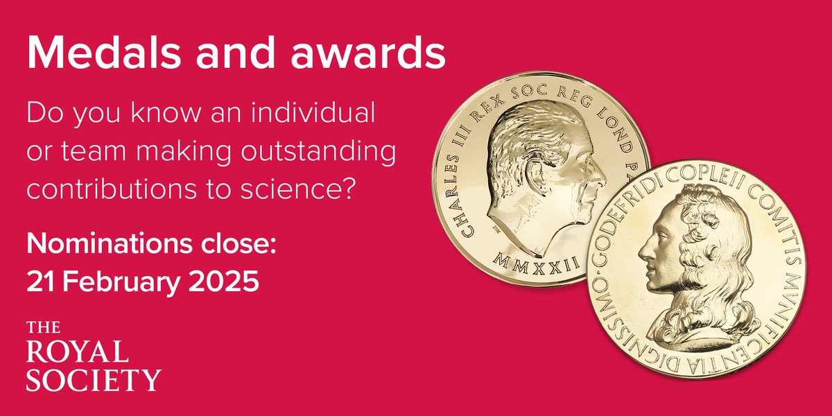 royalsociety's tweet photo. Nominations for the Royal Society's medals and awards are still open! With a closing date of 21 February, there's still time to make your nomination to recognise a team or individual for their outstanding contributions to science. #RSMedals  https://t.co/B1dBgtqeWz https://t.co/7Eah3RImHg