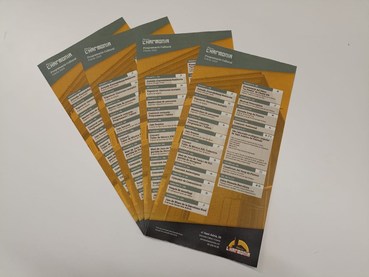 👏Ja tenim tota l'agenda del mes de febrer a punt!
👀Hi pots fer una ullada aquí: ateneuharmonia.cat/agenda

☝️I si t'agradaria formar part de la comissió de programació de l'Ateneu, aquest divendres en tens l'oportunitat: ateneuharmonia.cat/esdeveniments/…
