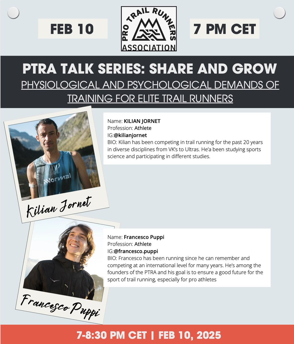 Protrailrunners (@protrailrunner) on Twitter photo New PTRA TALK with <a href="/kilianj/">kilian jornet</a> and <a href="/fra_puppinho/">Francesco Puppi</a> about “Physiogical and Psychological demands of training for elite trail runners”. More info here:
trailrunners.run/2025/02/05/ptr… New PTRA TALK with <a href="/kilianj/">kilian jornet</a> and <a href="/fra_puppinho/">Francesco Puppi</a> about “Physiogical and Psychological demands of training for elite trail runners”. More info here:
trailrunners.run/2025/02/05/ptr…