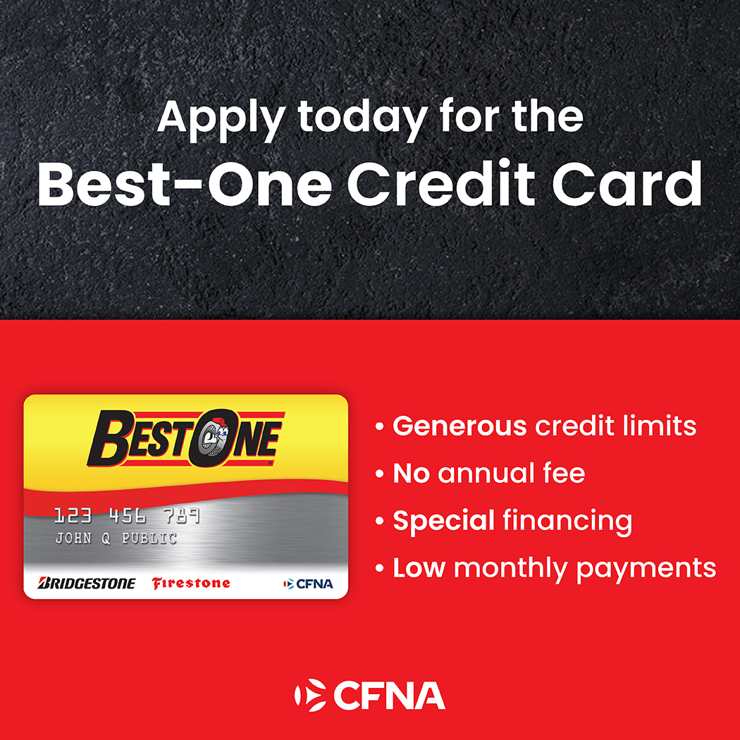 At Zolman’s Best-One Tire &amp; Auto Care, we make it easier to keep your vehicle running smoothly! With the Best-One Credit Card, you’ll enjoy:

✅ Generous Credit Limits
✅ No Annual Fee
✅ Special Financing Options
✅ Low Monthly Payments