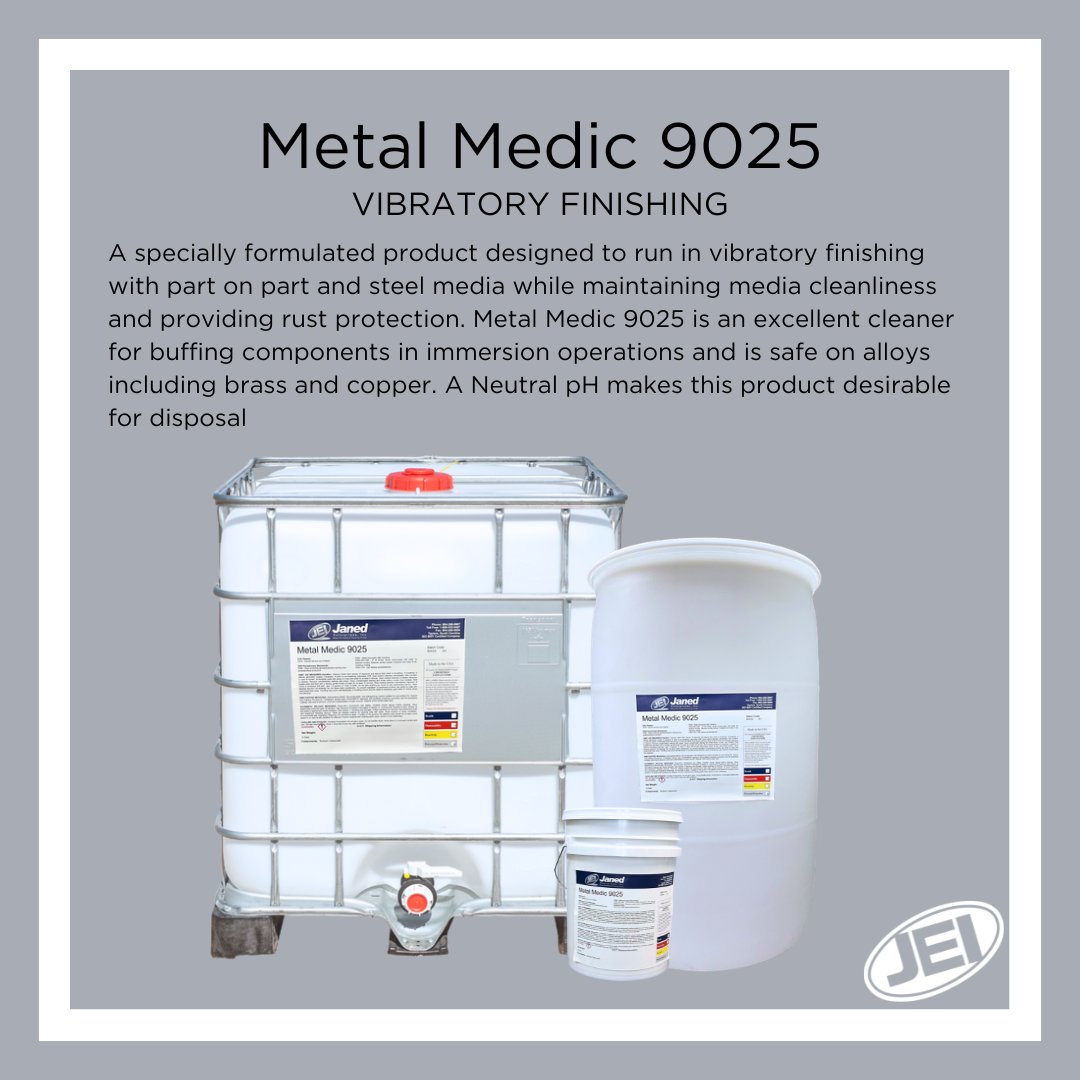 Our next product spotlight is Metal Medic 9025. This is excellent for part on part and media finishing equipment (vibratory, high-energy, or barrels). Metal Medic 9025 is designed with steel media in mind for best activity and maintaining media cleanliness.