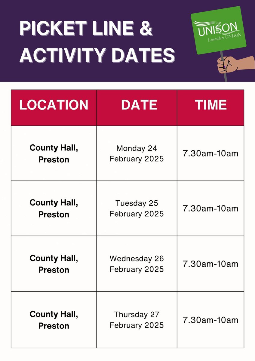 Picket line dates during upcoming SCSO strike action ✊ It is crucial that as many people as possible  attend - stand together with your colleagues and show your strength!
