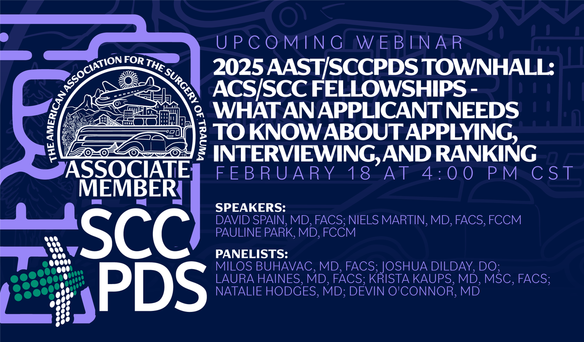 AAST Associate Members (@traumadoctorsam) on Twitter photo AAST/SCCPDS Fellowship Townhall!
📌 Topics: Finding your fit, one vs two-year fellowships, AAST ACS programs, & more!
🎙️ <a href="/DavidASpain/">David Spain</a> <a href="/Niels_Martin/">Niels Martin</a>; Dr. Laura Haines; Dr. Krista Kaups; <a href="/utully13/">Natalie Hodges</a>; Dr. Joshua Dilday; <a href="/milosbuhavac/">Miloš Buhavac</a>; Dr. Devin O’Connor
us02web.zoom.us/webinar/regist… AAST/SCCPDS Fellowship Townhall!
📌 Topics: Finding your fit, one vs two-year fellowships, AAST ACS programs, & more!
🎙️ <a href="/DavidASpain/">David Spain</a> <a href="/Niels_Martin/">Niels Martin</a>; Dr. Laura Haines; Dr. Krista Kaups; <a href="/utully13/">Natalie Hodges</a>; Dr. Joshua Dilday; <a href="/milosbuhavac/">Miloš Buhavac</a>; Dr. Devin O’Connor
us02web.zoom.us/webinar/regist…