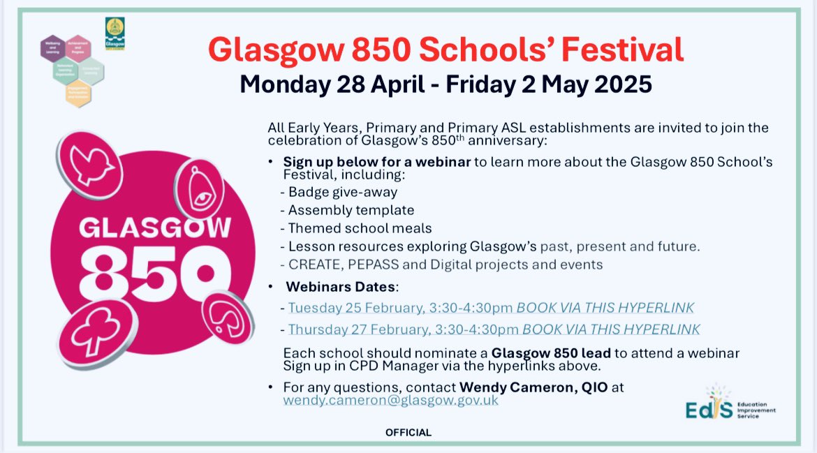 EdIS Glasgow (@edisglasgow) on Twitter photo Early Years, Primary & Primary ASL establishments are invited to join #Glasgow850 celebrations. Sign up for a webinar to learn more on Tuesday 25 February 3:30-4:30pm ➡️ glasgow.cpdservice.net/QIO/Courses/vi… or Thursday 27 February, 3:30-4:30pm ➡️ glasgow.cpdservice.net/QIO/Courses/vi… <a href="/GlasgowCC/">Glasgow City Council</a> <a href="/Doug_GCC/">Douglas Hutchison</a> Early Years, Primary & Primary ASL establishments are invited to join #Glasgow850 celebrations. Sign up for a webinar to learn more on Tuesday 25 February 3:30-4:30pm ➡️ glasgow.cpdservice.net/QIO/Courses/vi… or Thursday 27 February, 3:30-4:30pm ➡️ glasgow.cpdservice.net/QIO/Courses/vi… <a href="/GlasgowCC/">Glasgow City Council</a> <a href="/Doug_GCC/">Douglas Hutchison</a>