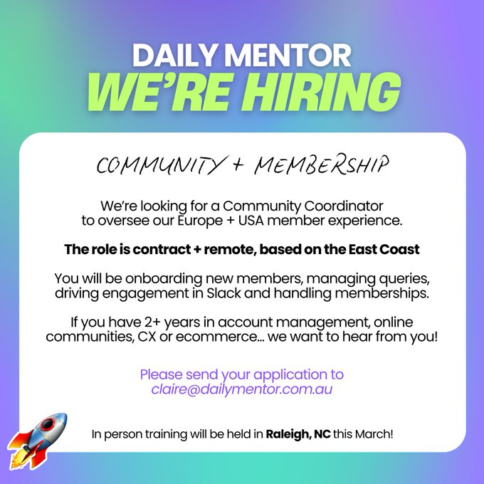 🚀 Daily Mentor is Hiring! 🚀

We're building the most valuable eCom community in the world and looking for a Community Coordinator to manage Europe + USA members.

The role covers onboarding, engagement, renewals, retention, support, and community projects—keeping the Slack