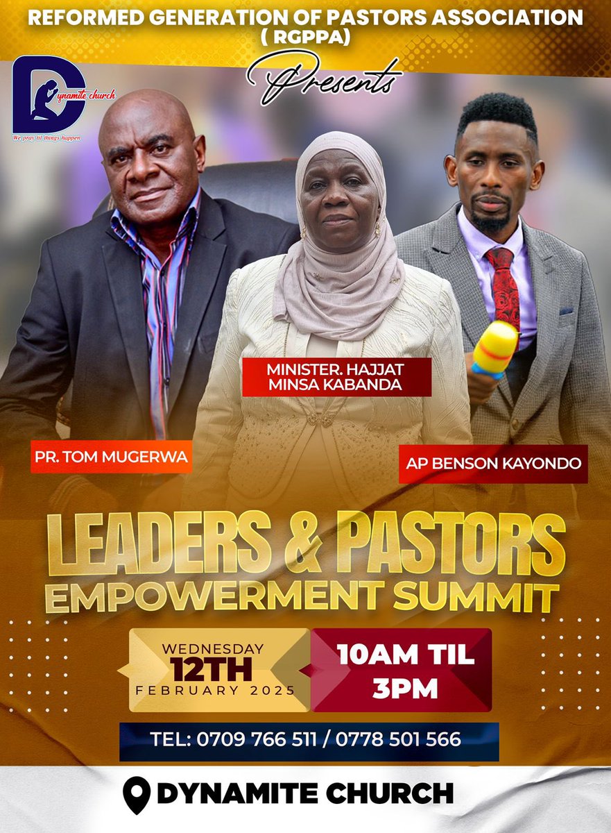 On 12th February 2025, RGPPA will be hosting a LEADERS AND PASTORS EMPOWERMENT SUMMIT at Dynamite Church Bukoto. We will have powerful leaders of our generation like Hajjati Hadijah Namyalo, <a href="/ChiefMuzzukulu/">Uzeiye Hadijah</a> @onc_nrm , Hon. Hajjati Minsa Kabanda and Pr. Tom Mugerwa.