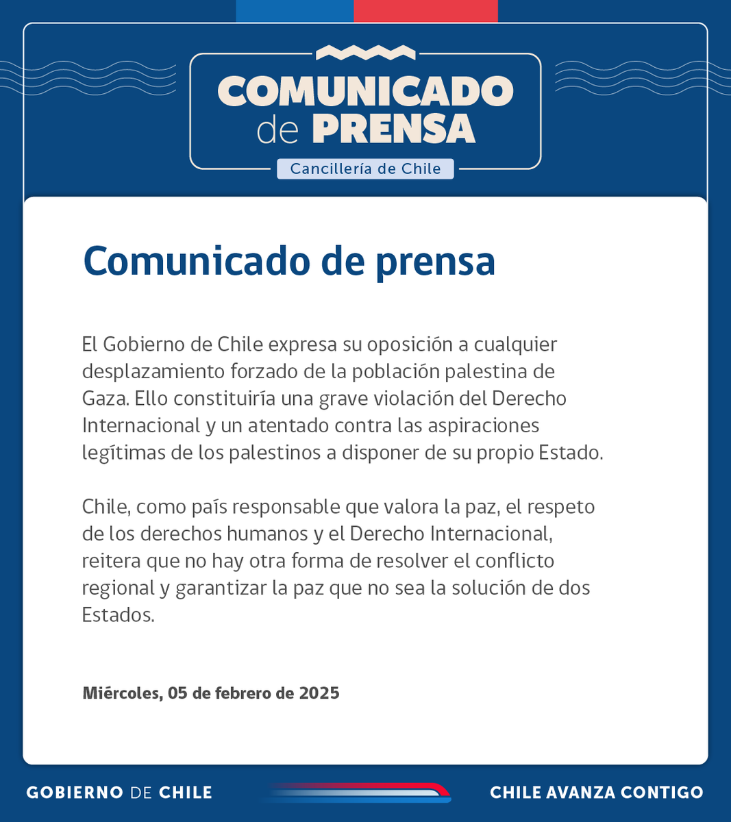 AlbertoKlaveren's tweet image. El Gobierno de Chile expresa su oposición a cualquier desplazamiento forzado de la población palestina de Gaza.
