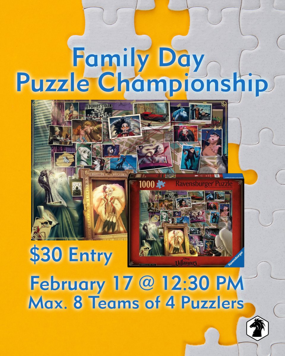 Piece together this Cruella de Vil puzzle the fastest and take home some villainously good prizes in this Disney themed Family Day Puzzle Championship! Spots are limited - pre-register @ boardgames.ca

#familydayactivity #puzzlechampionship #disneyvillains #flgs