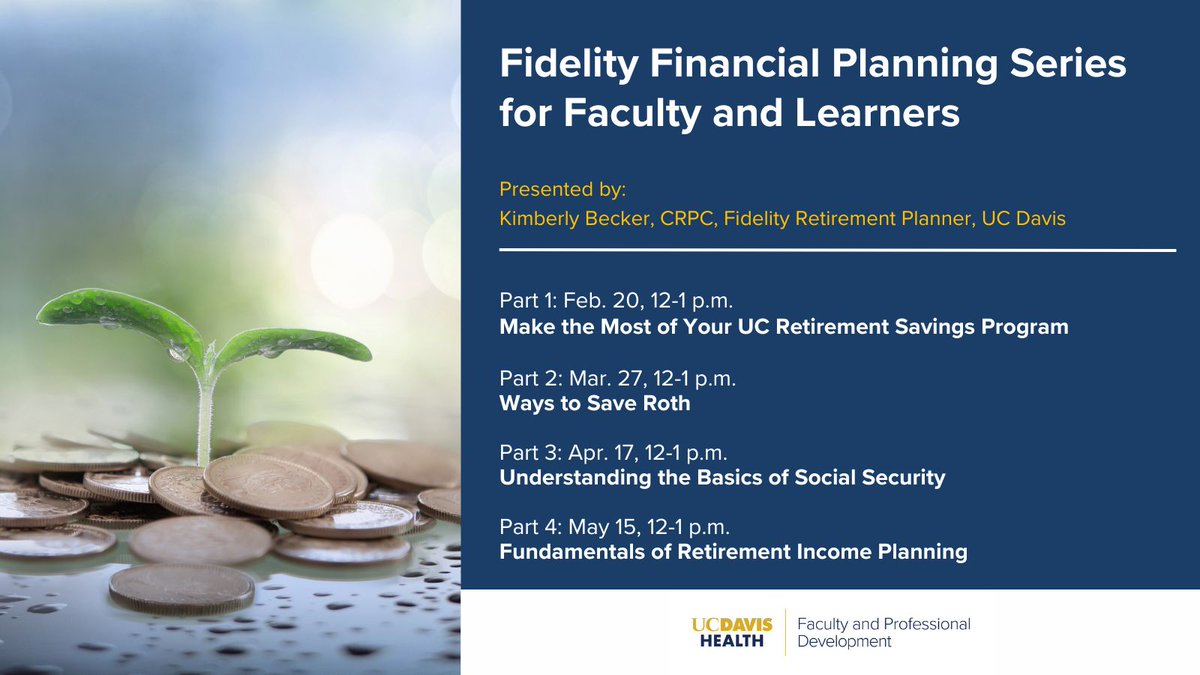 UC Davis Health Faculty & Professional Development (@ucdhfd) on Twitter photo Updated offering for <a href="/UCDavisHealth/">UC Davis Health</a> Faculty & Learners!
Our #Fidelity #FinancialPlanning sessions can be taken individually or as a series! --> Begins Feb. 20, 2025
Details & Registration: health.ucdavis.edu/facultydev/fac⦠Updated offering for <a href="/UCDavisHealth/">UC Davis Health</a> Faculty & Learners!
Our #Fidelity #FinancialPlanning sessions can be taken individually or as a series! --> Begins Feb. 20, 2025
Details & Registration: health.ucdavis.edu/facultydev/facā¦