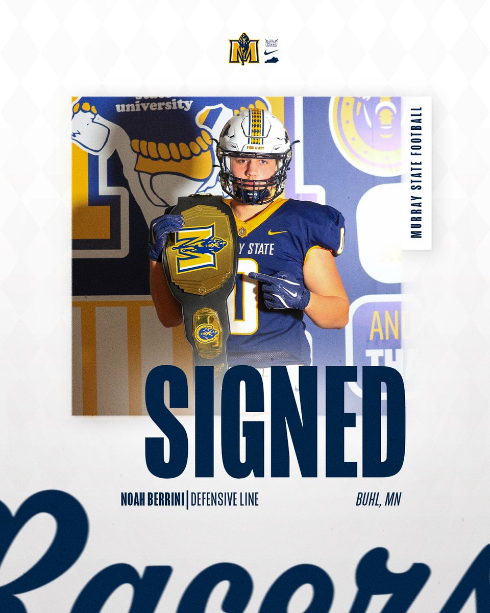 Murray State Football (@racersfootball) on Twitter photo 𝙒𝙚𝙡𝙘𝙤𝙢𝙚 𝙩𝙤 𝙩𝙝𝙚 𝙈𝙆𝙔 ✍️
🪪 <a href="/NoahBerrini/">Noah Berrini</a>
📏 6’3 // 235 lbs, Defensive Line
📍 Mountain Iron-Buhl, Minn.
#GoRacers🏇 𝙒𝙚𝙡𝙘𝙤𝙢𝙚 𝙩𝙤 𝙩𝙝𝙚 𝙈𝙆𝙔 ✍️
🪪 <a href="/NoahBerrini/">Noah Berrini</a>
📏 6’3 // 235 lbs, Defensive Line
📍 Mountain Iron-Buhl, Minn.
#GoRacers🏇