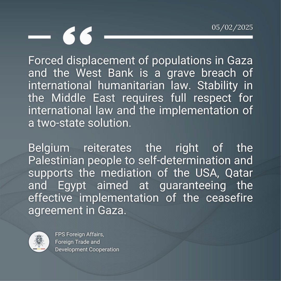 BelgiumMFA's tweet image. Forced displacement of populations in Gaza and the West Bank is a grave breach of international humanitarian law.  

Read the full statement ⤵️