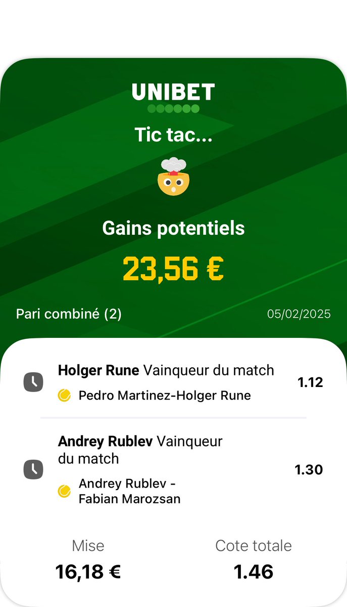 French_Sorare's tweet photo. Montante 📈 

ÉTAPE 2 🎾

On continue dans le safe 

16,18€—-> 23,56€ 

Rublev  1.30 🎾
Rune 1.12 🎾

#Pronos  #TeamParieur  #Unibet https://t.co/9eFCGK3VTP