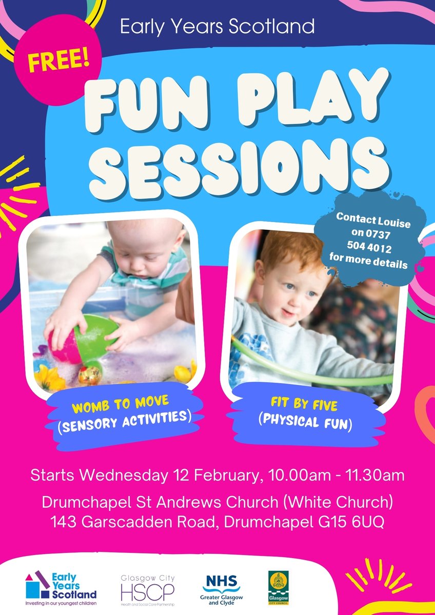 NHSGGC - North West Youth Health (@nwyhealth_gla) on Twitter photo 🚨Starting 12/2/2024🚨 Have a child under 5 and live in Drumchapel? Check out free+ fun play sessions ran by <a href="/earlyyearsscot/">Early Years Scotland</a>!
Day/Time: Wednesdays Mornings, 10-1130am Venue: St Andrews Church in Drumchapel. 🚨Starting 12/2/2024🚨 Have a child under 5 and live in Drumchapel? Check out free+ fun play sessions ran by <a href="/earlyyearsscot/">Early Years Scotland</a>!
Day/Time: Wednesdays Mornings, 10-1130am Venue: St Andrews Church in Drumchapel.