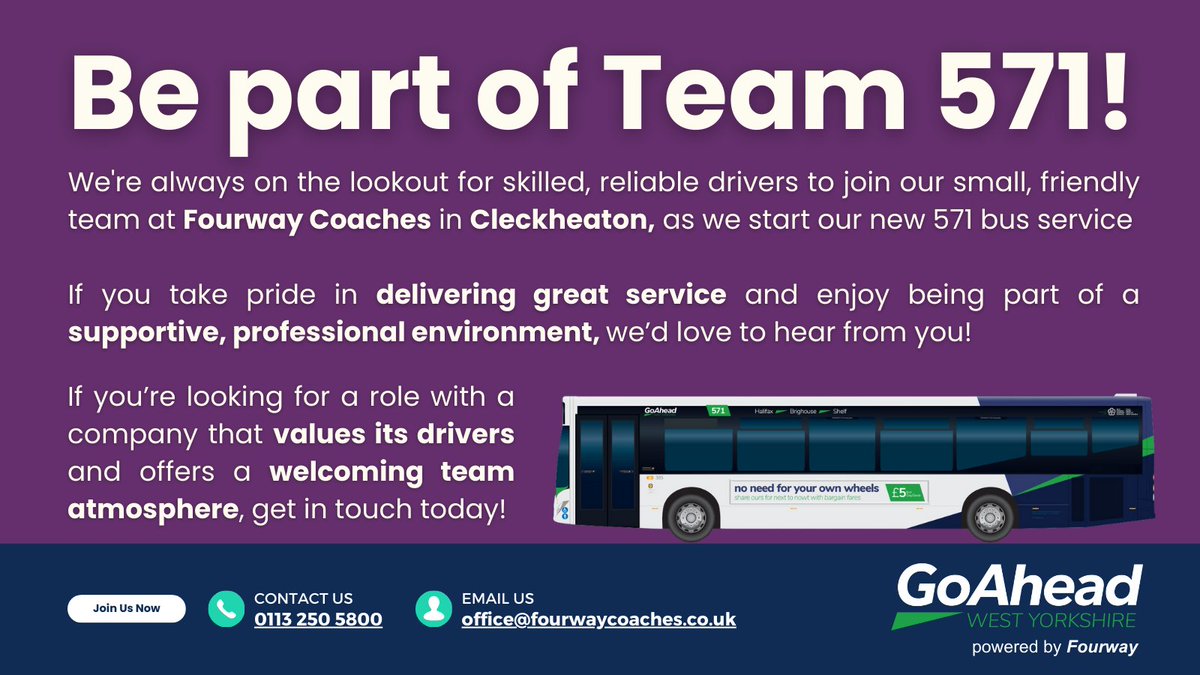 GWYbus's tweet image. 🚍 We&apos;re Hiring! 🚍

We&apos;re looking for drivers to support our brand-new 571 service! Competitive pay and a great team await.

📍 Based in Cleckheaton
📧 Apply now: office@fourwaycoaches.co.uk
#Hiring #BusDrivers #JoinOurTeam #Cleckheaton #Yorkshire