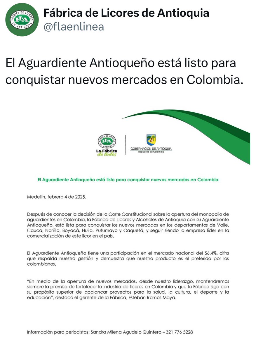 La Fábrica de Licores y Alcoholes de Antioquia (FLA) <a href="/flaenlinea/">Fábrica de Licores de Antioquia</a> se opuso a la demanda que tumbó las salvaguardas. Ahora, con este comunicado recibe con regocijo que la <a href="/CConstitucional/">Corte Constitucional</a> haya tumbado las salvaguardas. Me gusta mucho que hayan cambiado de opinión y que ahora sí