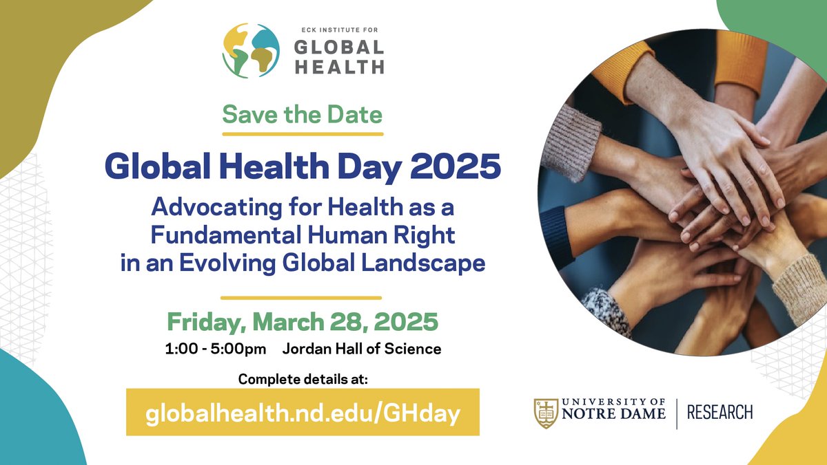 ND Eck Institute for Global Health (@ndeckinstitute) on Twitter photo SAVE THE DATE! Our inaugural Global Health Day is coming on Friday, March 28! We are offering an afternoon of presentations, dialog, research, and imagery that highlight the links between global health, poverty, democracy, and sustainability. globalhealth.nd.edu/GHday SAVE THE DATE! Our inaugural Global Health Day is coming on Friday, March 28! We are offering an afternoon of presentations, dialog, research, and imagery that highlight the links between global health, poverty, democracy, and sustainability. globalhealth.nd.edu/GHday