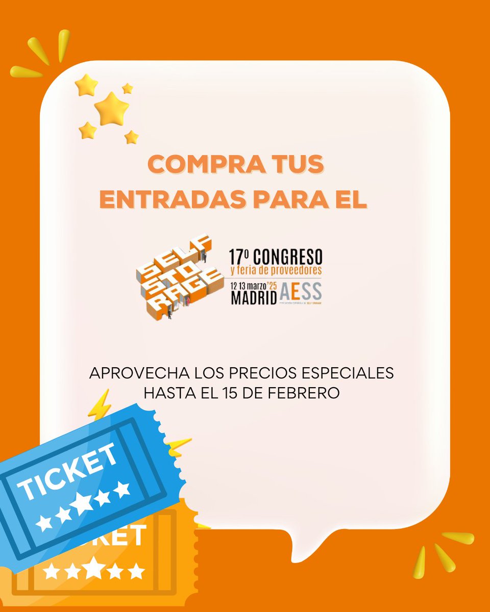 🎟️ ¿Aún no tienes tus entradas para el 17º Congreso y Feria de Proveedores de AESS? ¡No esperes más!

✨ ¡El paraíso del self storage se hace realidad en Madrid los días 12 y 13 de marzo! No te lo puedes perder.

🔗 Compra aquí tus entradas aesstrasteros.es/17o-congreso-y…