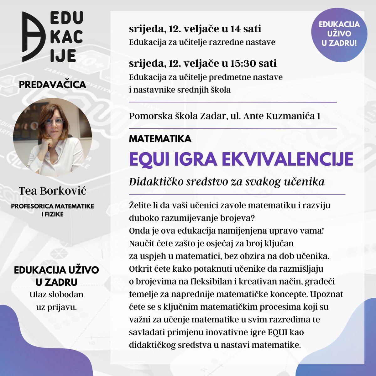 Pridružite nam se na edukaciji uživo u Zadru i upoznajte Equi, didaktičko sredstvo za svakog učenika!

🗓️ srijeda, 12. veljače 2025.

Edukacija za učitelje razredne nastave
🕑 14 sati
Program i prijava: kabinet.alfa.hr/l/MAT-RAD-RN