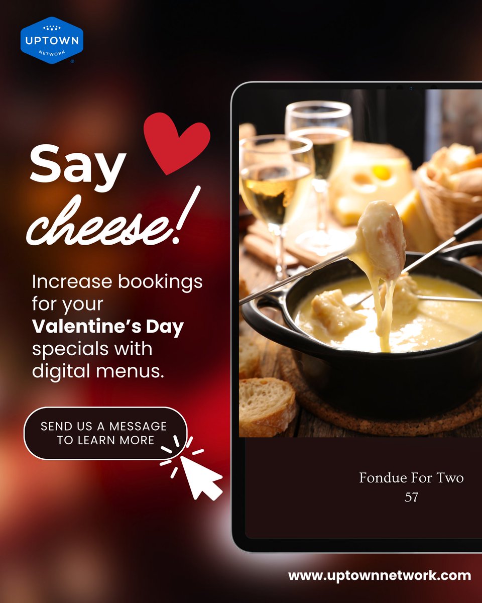 Increase bookings for your Valentine’s Day specials—without printing new menus and flyers. Send us a message to learn more: uptownnetwork.com

#FoodAndBeverage #Hospitality #Restaurants #RestaurantLife #GuestExperience #ChefLife #Valentine #ValentinesDay #ValentinesDay2025