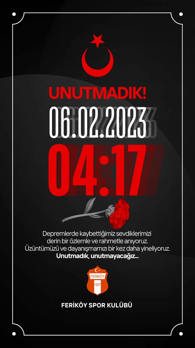 Depremlerde kaybettiğimiz sevdiklerimizi 
derin bir özlemle ve rahmetle anıyoruz.
Üzüntümüzü ve dayanışmamızı bir kez daha yineliyoruz.
Unutmadık, unutmayacağız... Feriköy Spor Kulübü 

#6subat2023 #DepremiUnutmaUnutturma