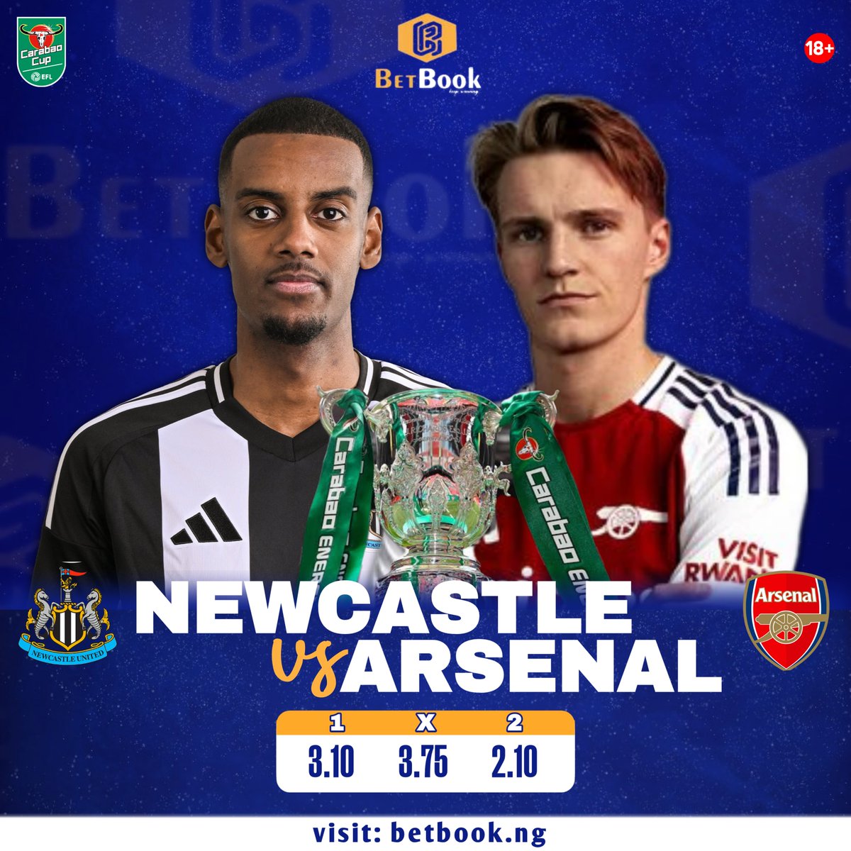 Matchday ⚽🍿

#Newcastle battles #Arsenal for a spot in the #EFLCup #SemiFinals
Who's your stake on?

ODDS 💣
1 - 3.10 || X - 3.75 || 2 - 2.10

 Visit: betbook.ng today!

#betwithBetBook #GRAMMYs #CristianoRonaldo #Neymar #Trump #GOAT #Messi #SportsGambling