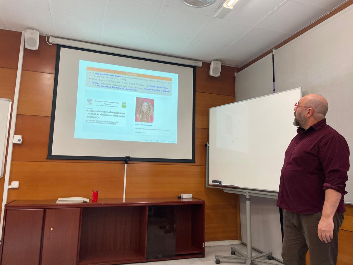 DoloresRomeroM's tweet image. Workshop advancing #XAI through #MathOpt at @uc3m had very interesting talks:

We started with the great @emiliocarrizosa on #contextual #decisionmaking, part of the PhD thesis of @llamamenu
