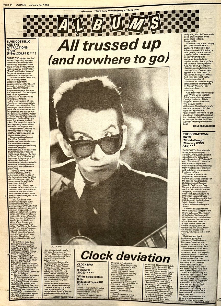 ZoundsAbound's tweet image. Dave McCullough hands out the solitary 5⭐️ album review this week to ‘Thirst’ by #ClockDVA 

Solid reviews too for ‘Trust’ by  @ElvisCostello from Sandy Robertson &amp;amp; for ‘The Nature Of The Beast’ by @AprilWineBand from Paul Suter 

Sounds Jan 24th 1981