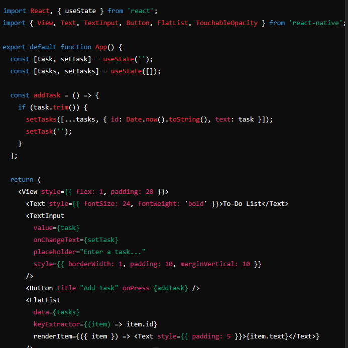 9rohitpdl's tweet photo. Day 29 of #COESISKnowledgeQuest
Started building a simple To-Do List app using React Native! Implemented basic UI and state management to add &amp; display tasks.
#30dayslearningchallenge #COESIS
@coesisnp https://t.co/bzxyeDm6uP